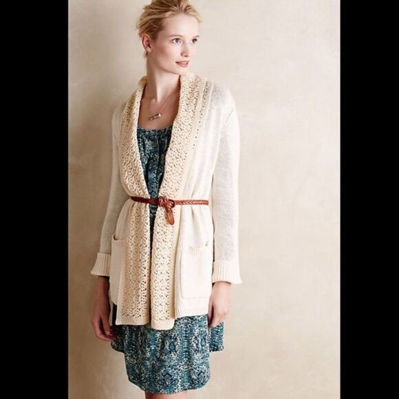 Anthro Angel of the North Evenie Chenille long open Cardigan Ivory Sweater S - Picture 12 of 12
